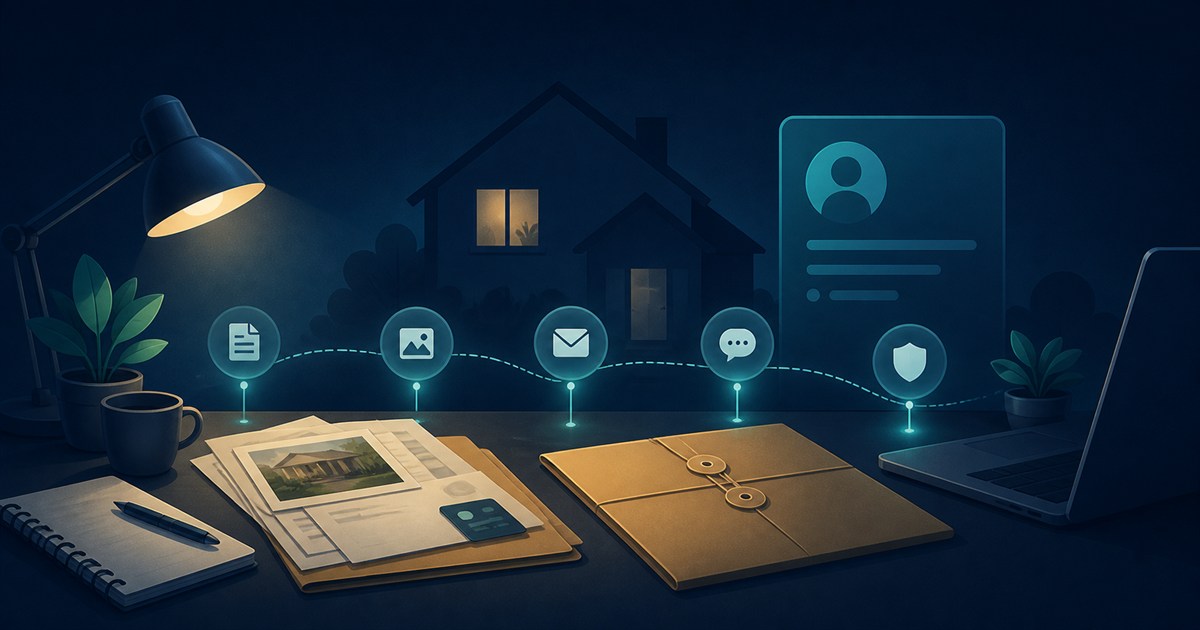 Home-office documents and profile materials arranged for a business verification process