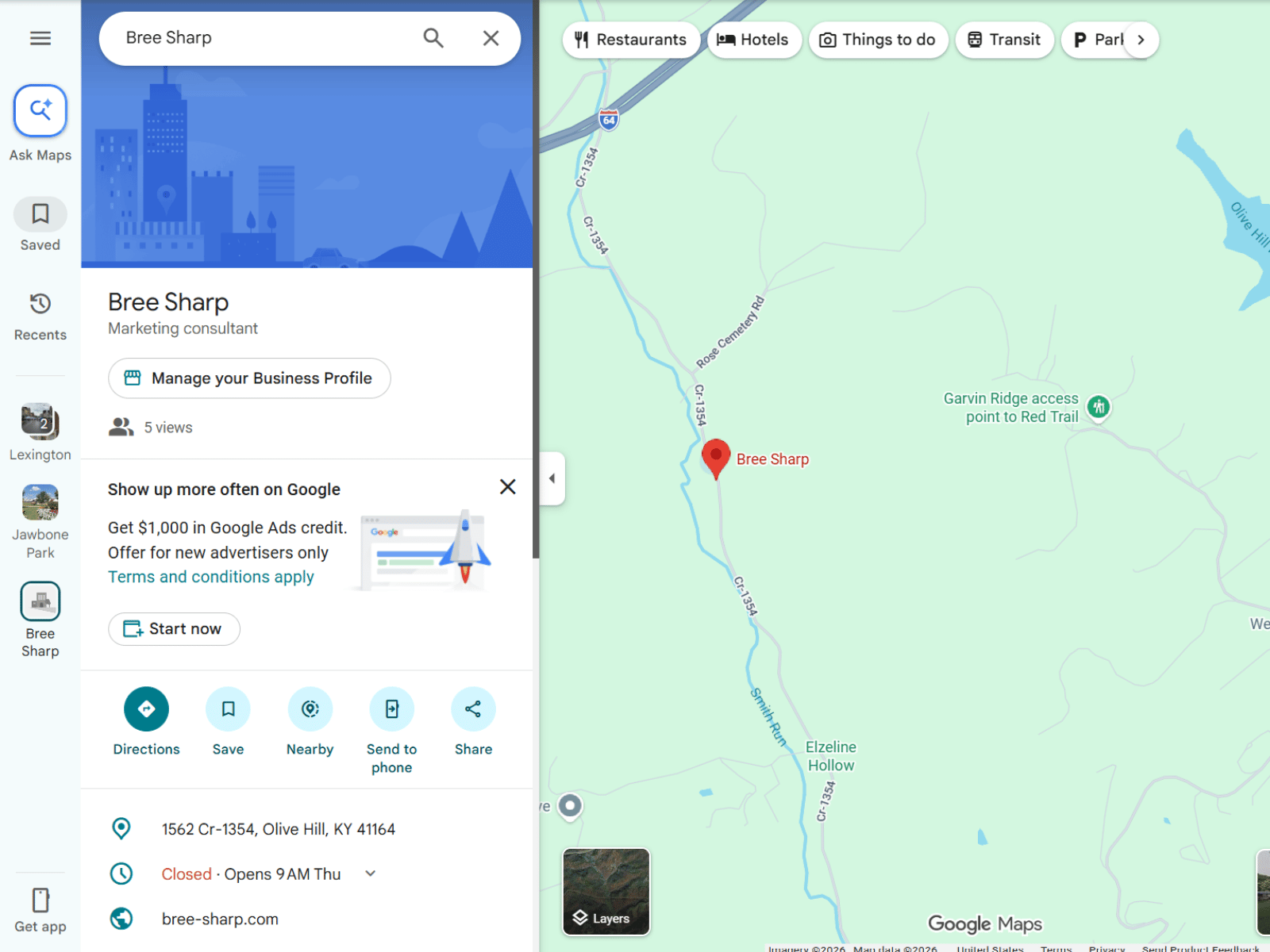 Google Maps listing for Bree Sharp showing verified Google Business Profile in Olive Hill, Kentucky