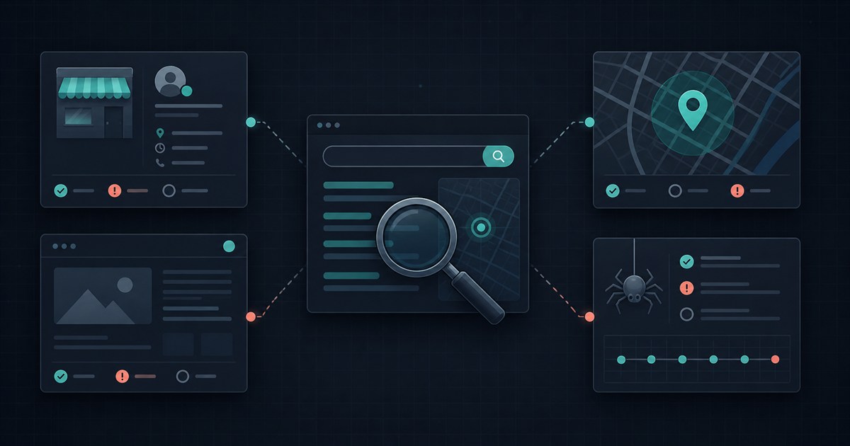 Illustration of a business profile, website, map result, and crawl checks surrounding a search audit