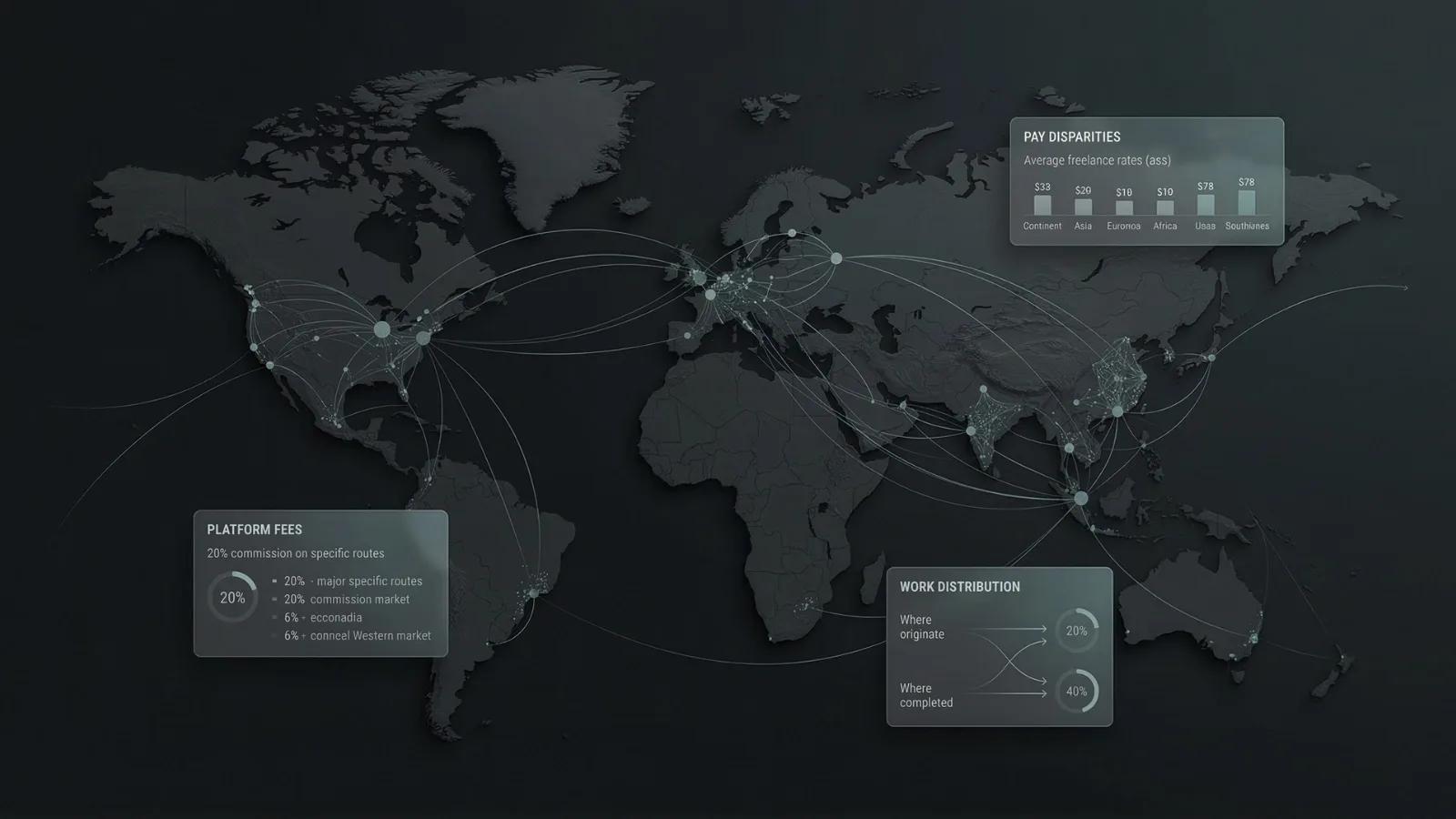 Dark editorial world map showing labor flow, platform fees, pay disparities, and work distribution in the global freelance market
