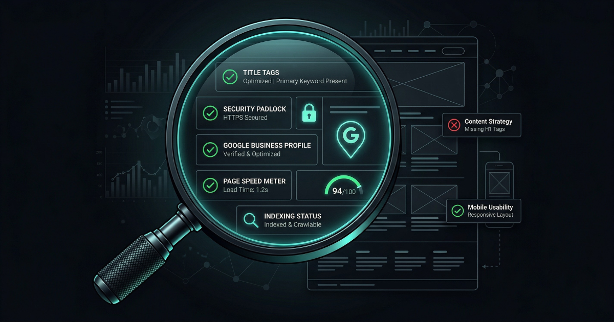 Dark editorial illustration showing a magnifying glass examining a website with checkmarks and X marks representing an SEO audit — technical issues, content gaps, and visibility problems