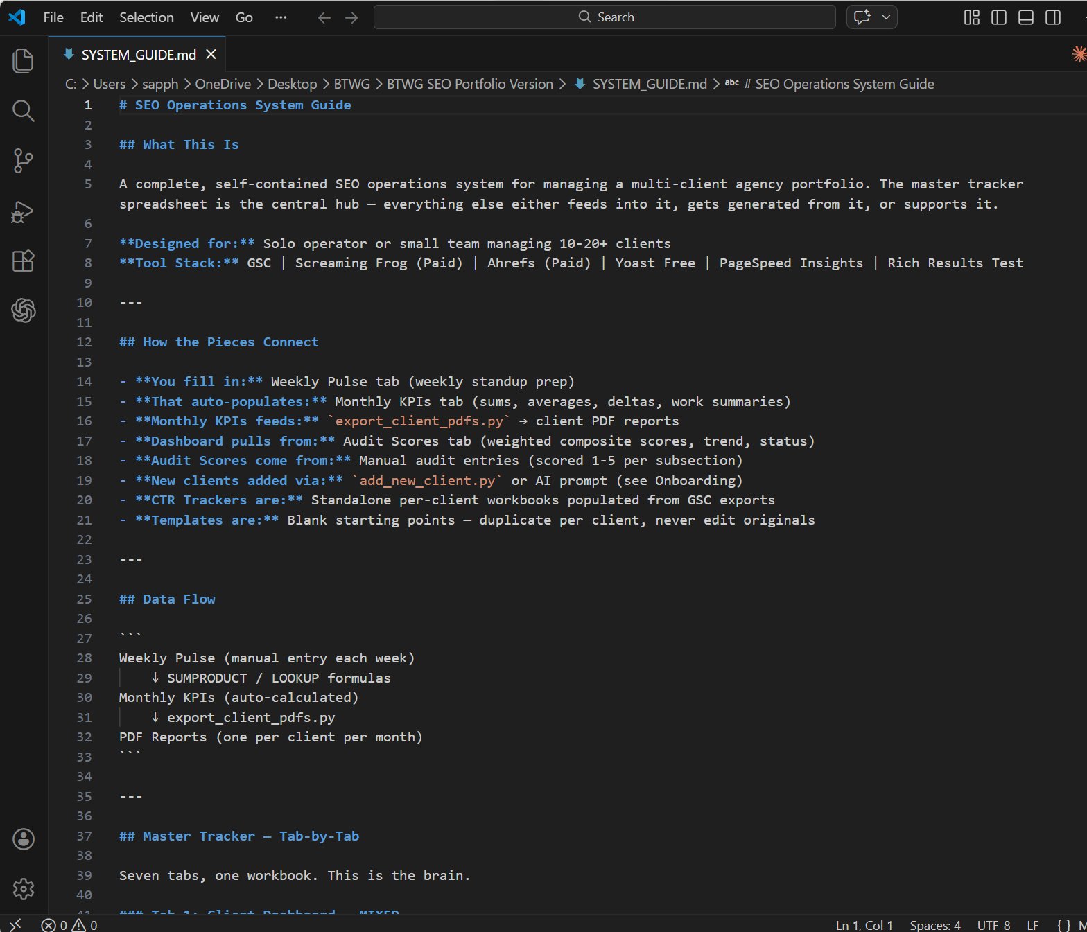 SEO operations system — 7-tab master tracker with automation and SOP library