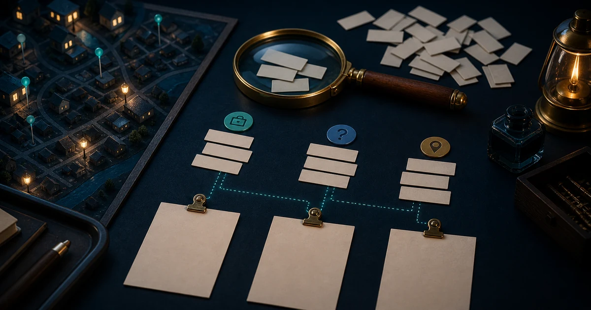 Magnifying glass sorting blank query cards into service, question, and local-intent groups