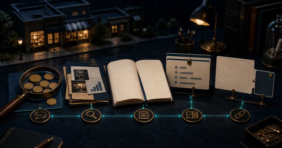 Customer-question tokens, evidence folders, an open notebook, and connected blank article and service cards