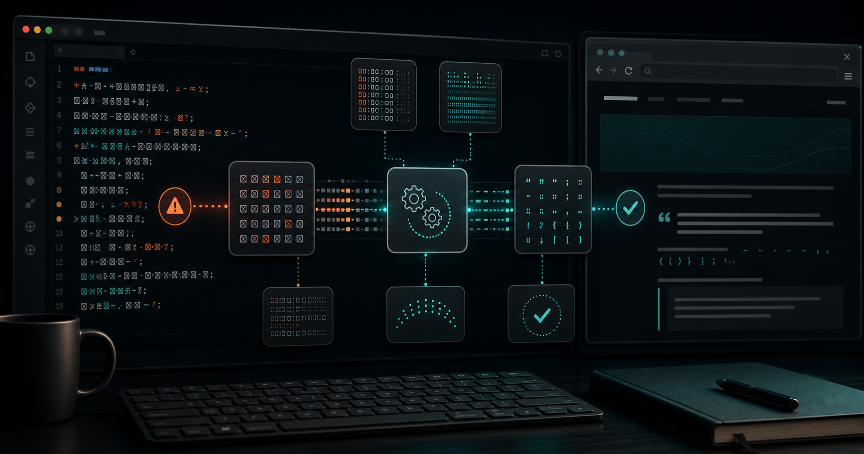 Dark technical illustration showing garbled character encoding being repaired into readable website text